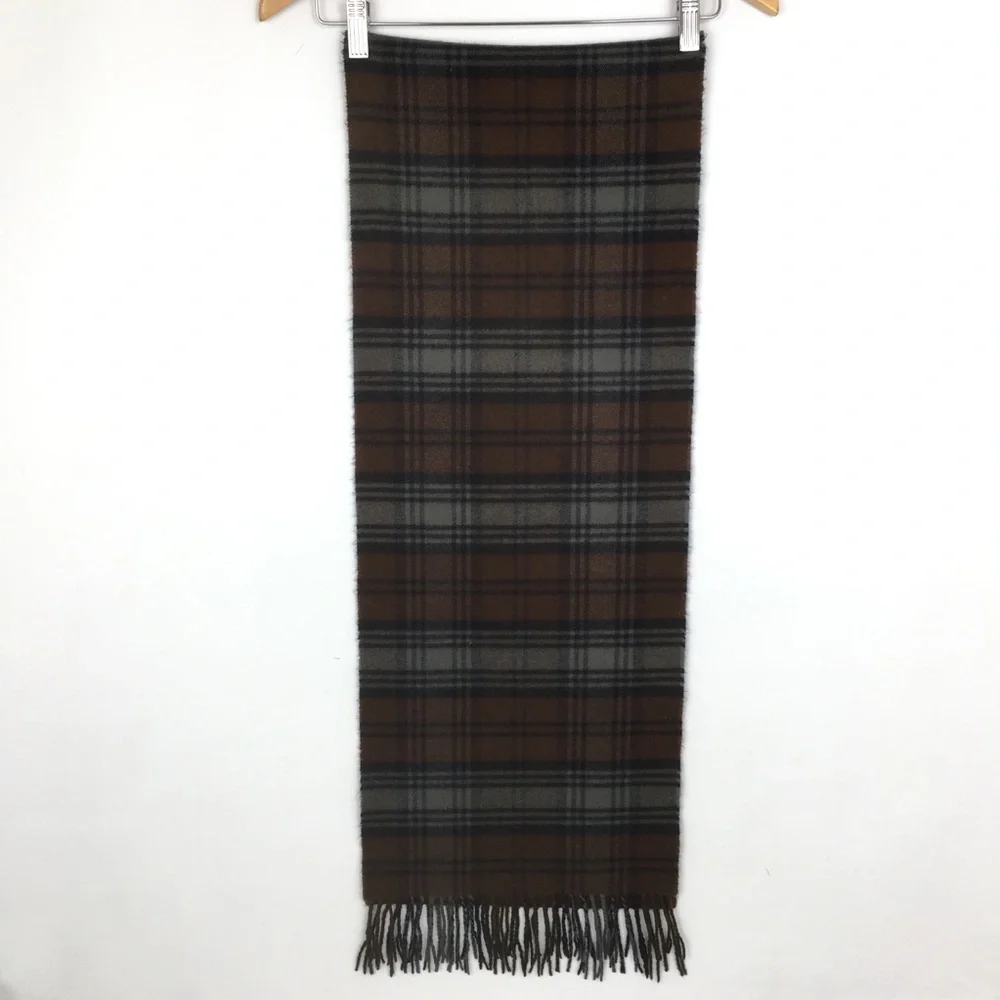 100% Cashmere Made in Scotland Chocolate Brown Latte Plaid Fringe Scarf Unisex